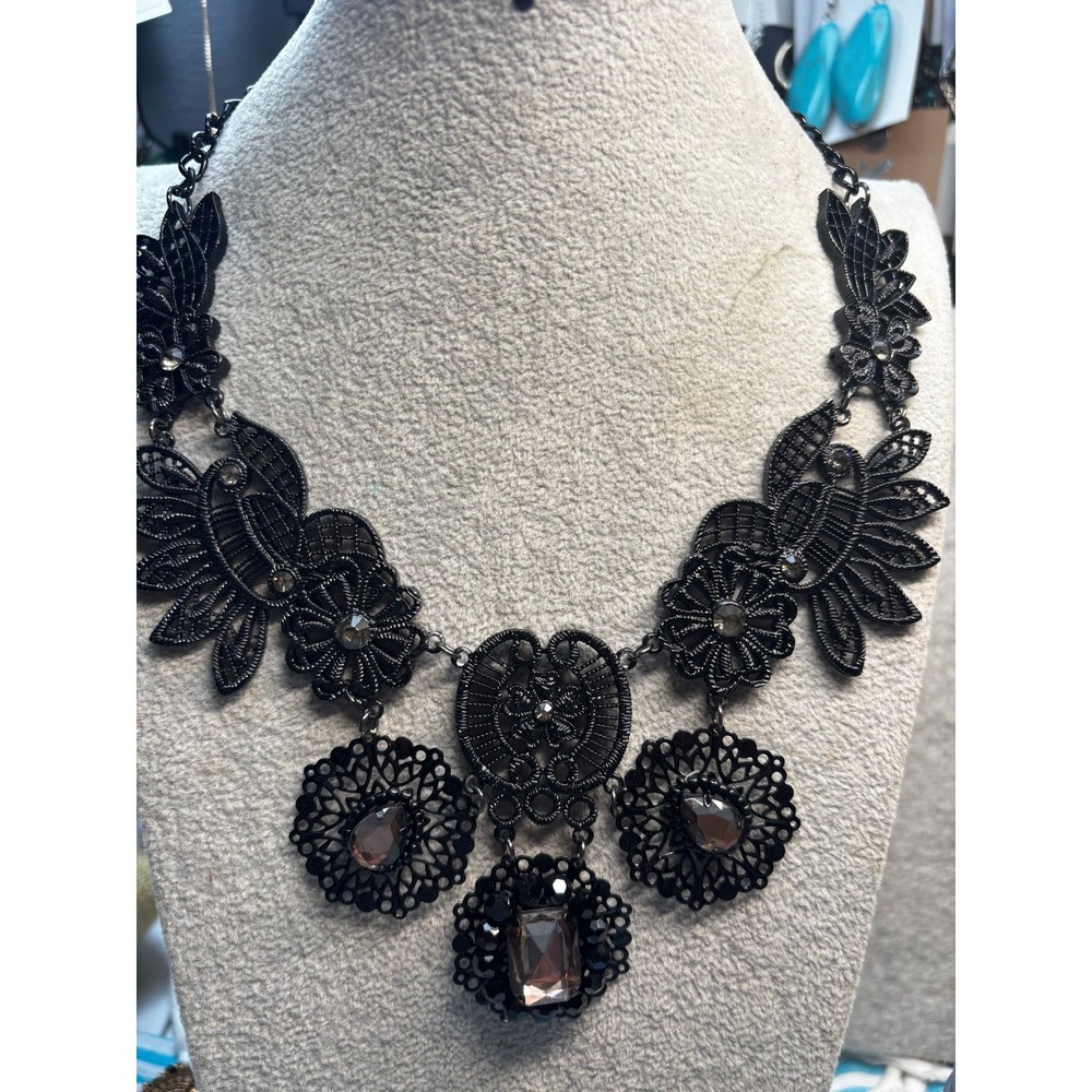 #12. Gothic Black Filigree Floral Bib Statement Necklace